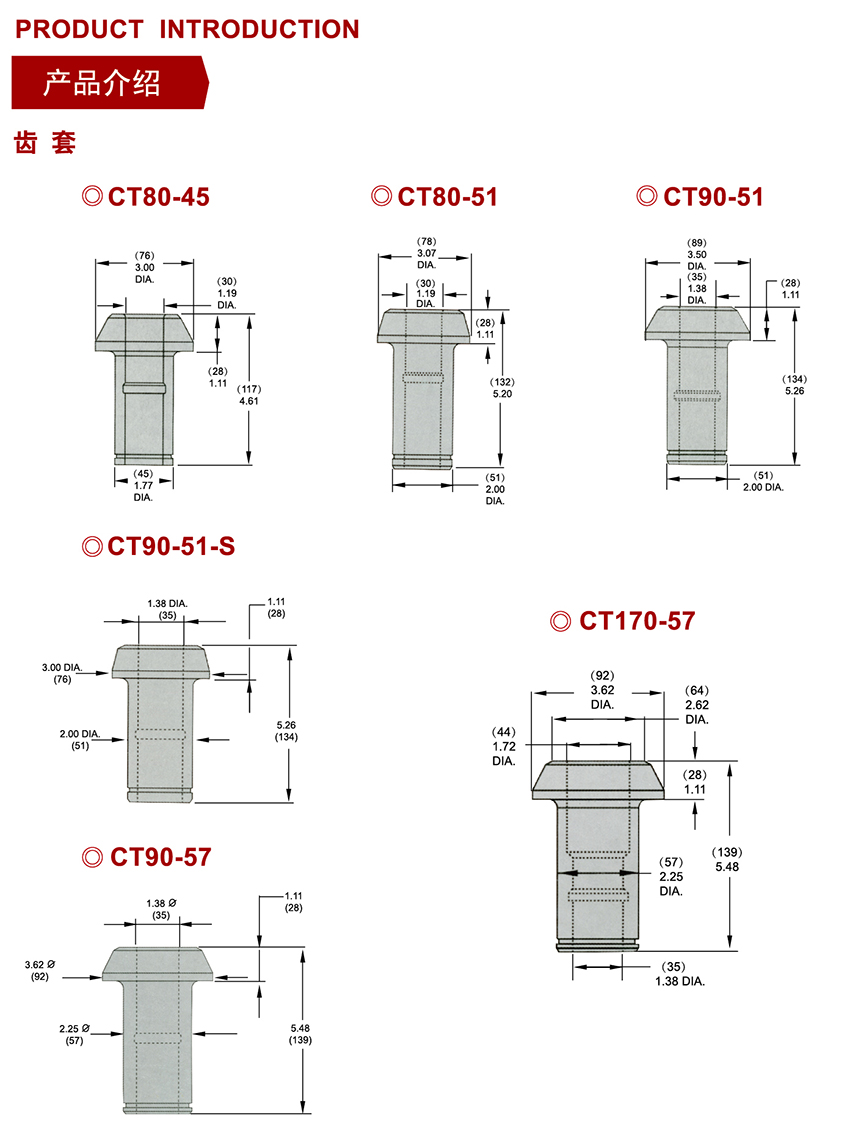CT80-45截齒套、CT80-51截齒套、CT90-51截齒套、CT90-51-S截齒套、CT90-57截齒套、CT170-57截齒套
